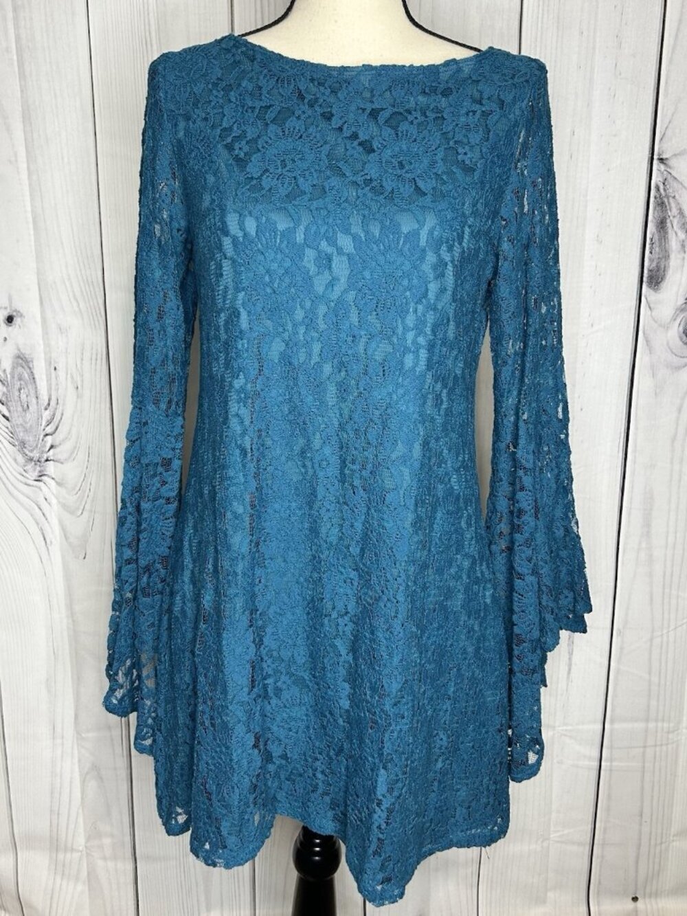Basically Me Teal Floral Lace Flared Sleeves Babydoll Mini Dress Women's Sz M
